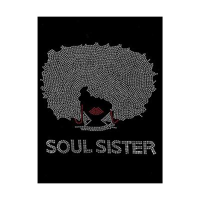 Front Face with Red Lips and Earrings, Soul Sister with Silver Chip and Brown Sugar with Gold Chip Rhinestone on Black Sleeve T-Shirts