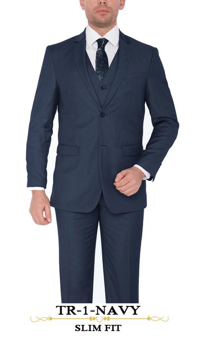 Modern Fit Poly-Rayon Suit, SB-2 Flat Front, Side Vents, Notch Lapel, Slim Fit, Vested