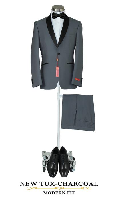 New Tux-Charcoal  Eleganza Red Modern Fit Tuxedo, Poly-Rayon, SB-1 F/F, Side Vents, Shawl Lapel