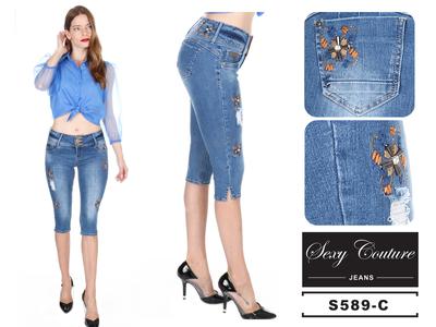 Push up capris Jeans with embroidered and rhinestones