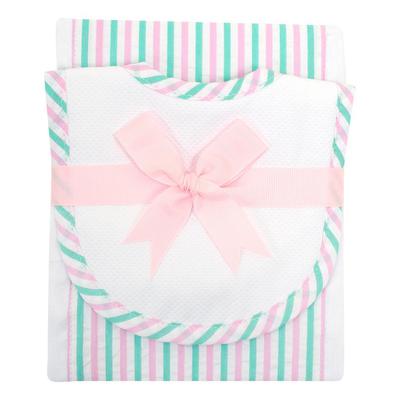 SEERSUCKER STRIPE DROOLER BIB & BURP SET
