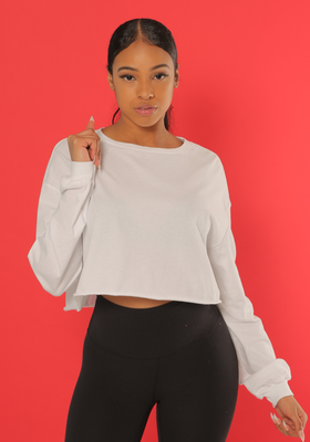 WOMEN'S WHITE CROPPED LONG SLEEVE TEE