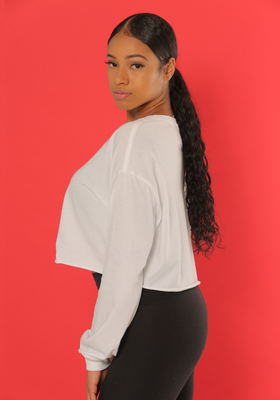 WOMEN'S WHITE CROPPED LONG SLEEVE TEE