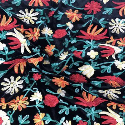 Floral Embroidered Black Stretch Velvet