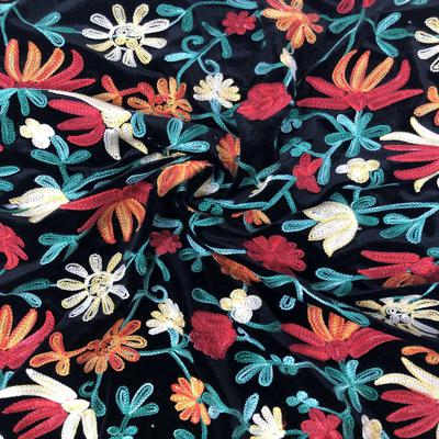 Floral Embroidered Black Stretch Velvet