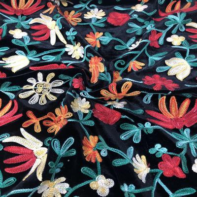 Floral Embroidered Black Stretch Velvet
