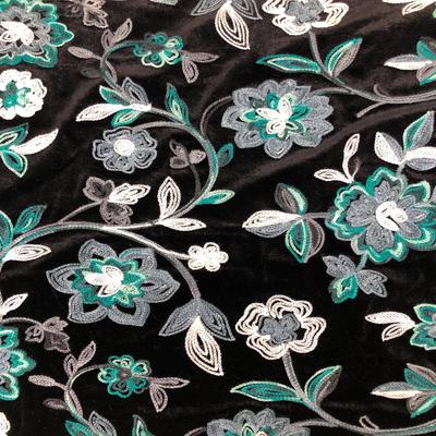 Multi Flower Embroidered Velvet Black Ground