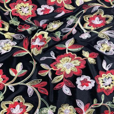 Multi Flower Embroidered Velvet Black Ground