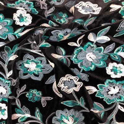 Multi Flower Embroidered Velvet Black Ground