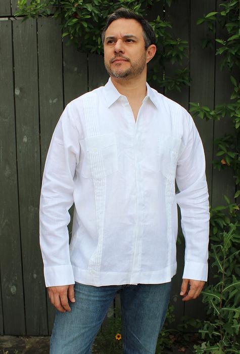 Men’s Guayabera White Linen Long-Sleeve Shirt