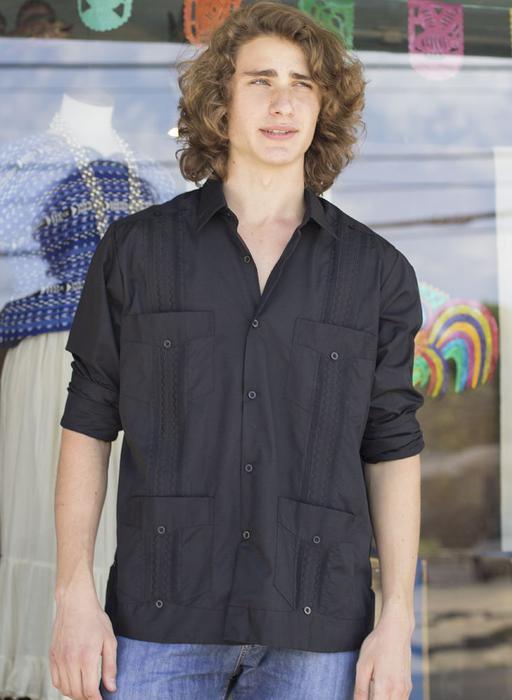 Men’s Guayabera Black Long Sleeve Cotton Shirt