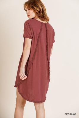 C2385 Solid High Low Scoop Hem Fringe