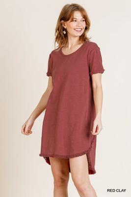 C2385 Solid High Low Scoop Hem Fringe