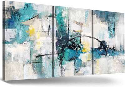 Turquoise Decor for Living Room Large Size Teal Wall Art Blue Grey