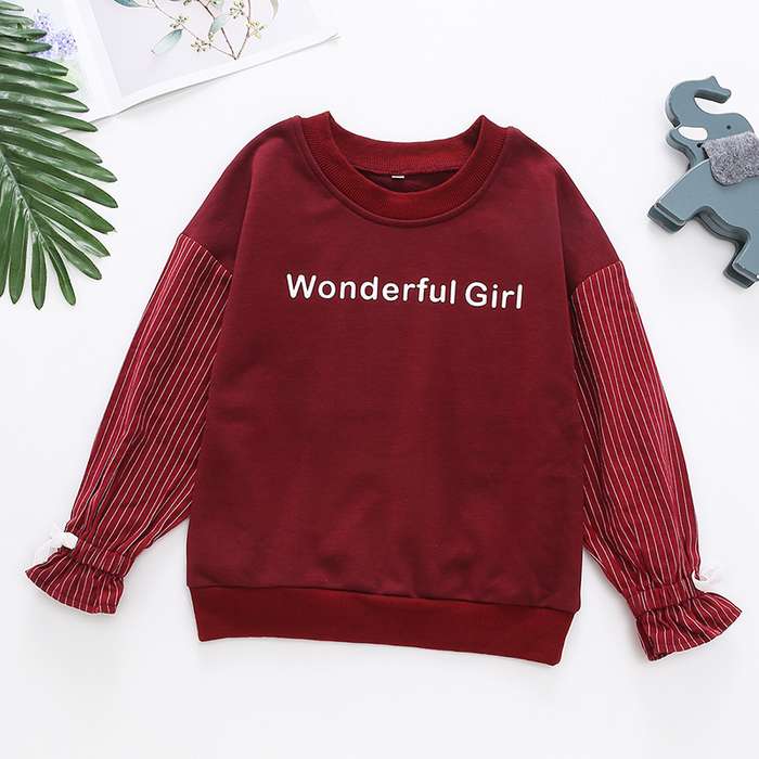 High quality spring fall Toddler Girls Slogan Graphic Striped Sleeve Sweatshirt for kids baby hoodie